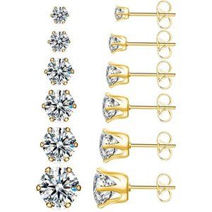 6 Pairs Stainless Steel Stud Earrings Set Hypoallergenic Cubic Zirconia